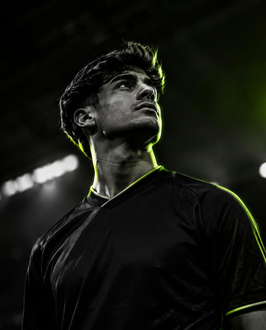 Atleta com uniforme preto e detalhes verde-limão